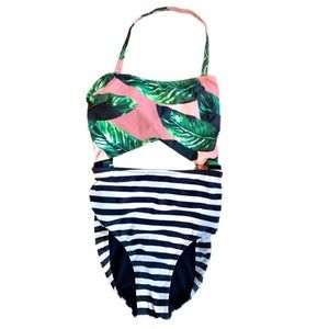 Tropical Leaf Print Pink and Black Striped Swimsuit
